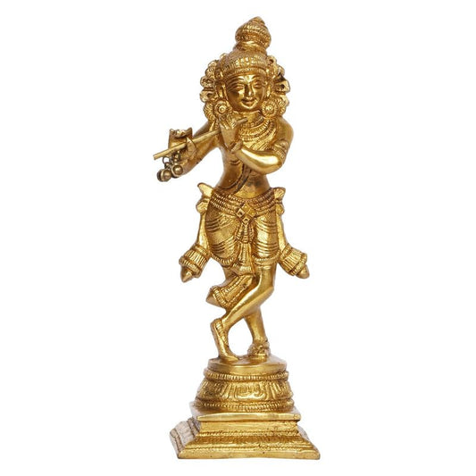 Brass Krishna Bhagwan Idol in Gold Color Height 8 Inch - SvarupArt