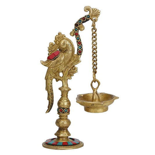 9 Inch Small Multicolor Brass Parrot Long Chain Oil Lamp Diya: Ideal for Home Temple - SvarupArt