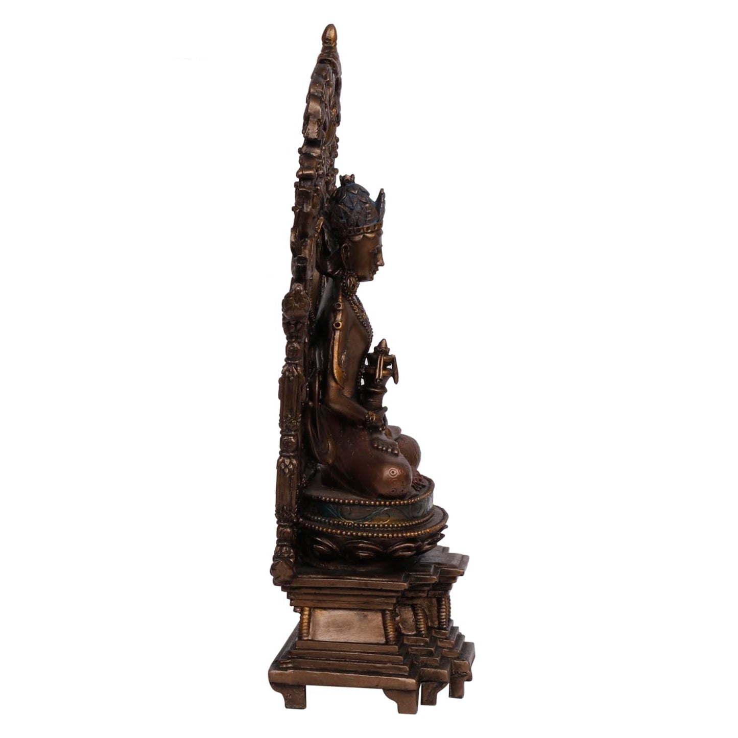 An 8-Inch Tall Bronze-Toned Resin Buddha Statue Featuring An Intricate Ornate Backdrop - SvarupArt