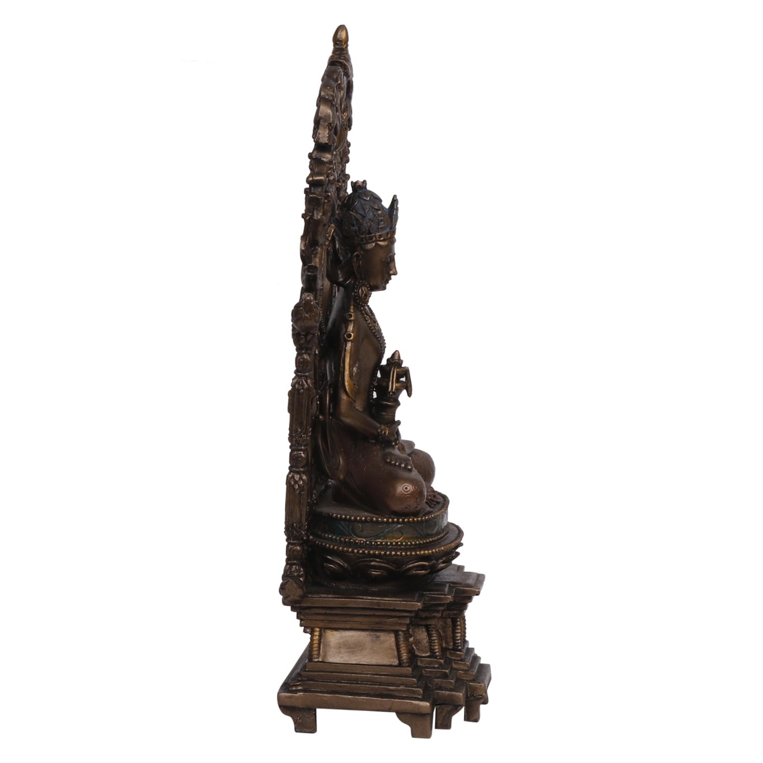 An 8-Inch Tall Bronze-Toned Resin Buddha Statue Featuring An Intricate Ornate Backdrop - SvarupArt