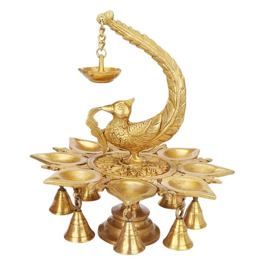 Brass Peacock Decorative Multi Diya with Bell: Perfect for Home Decor and Diwali Gift, in a elegant Gold Color color - SvarupArt