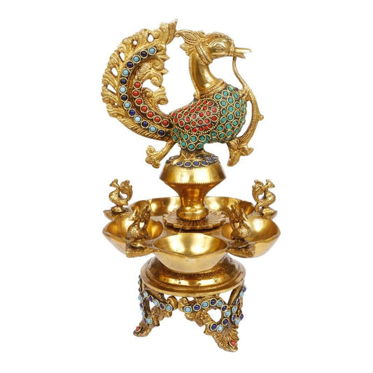 Brass Multicolor Stone Chip Peacock Decorative Diya with Antique Deepak Stand Design: A stunning table decor item - SvarupArt