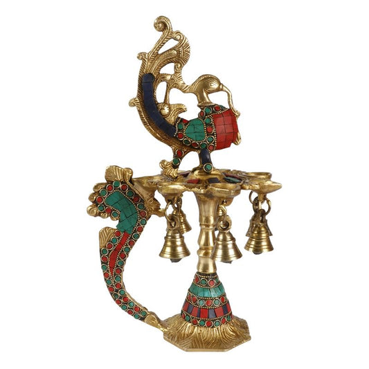 Brass Multicolor Stone Chip Peacock Decorative Diya With 7 Traditional Bells and 7 Diya Slot Antique Deepak Design - SvarupArt