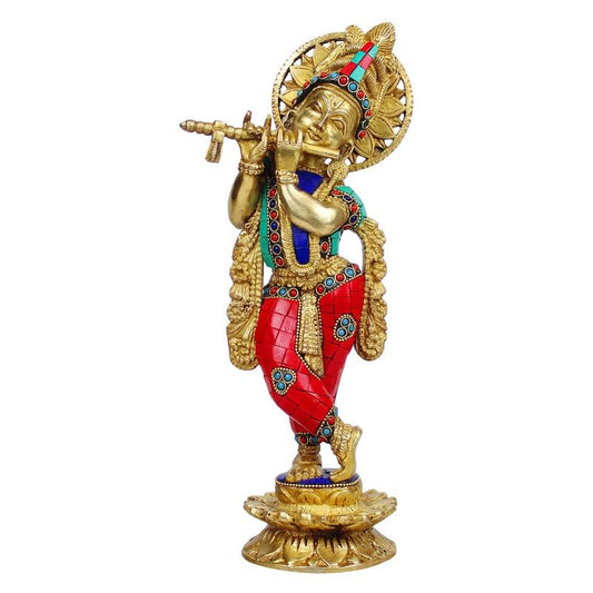 Brass Krishna Statue for Living Room Showpiece in Multi Color Height 12 Inch - SvarupArt