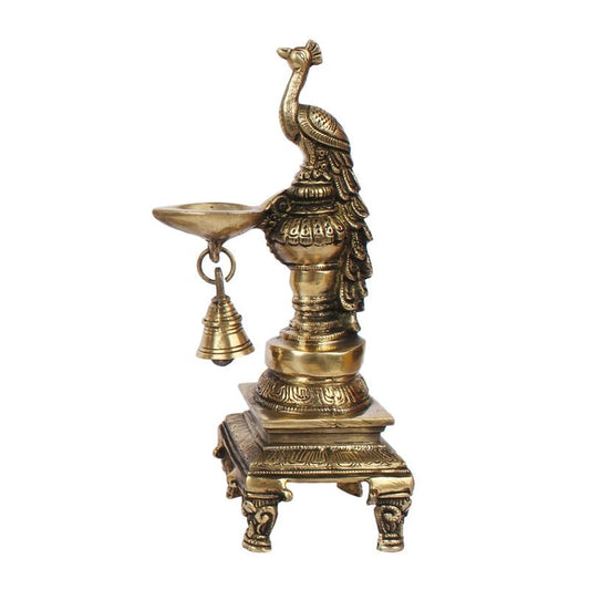 Brass Antique Style Peacock Decorative Diya for Home Mandir Dcor in Antique Gold Color Color - SvarupArt