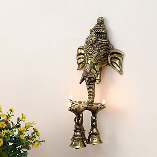 Brass Ganesha Wall Hanging Ganesh Diya with Bells for Home Decor and Diwali Gifts 9.5 Inch Pack of 1 Gold Color - SvarupArt