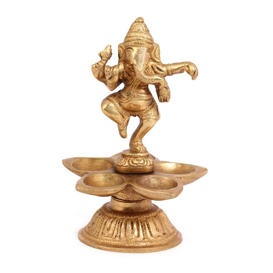 Brass Dancing Ganesh Diya for Puja Room: Handmade, Tabletop with Stand, Perfect for Home and Office Decor - SvarupArt