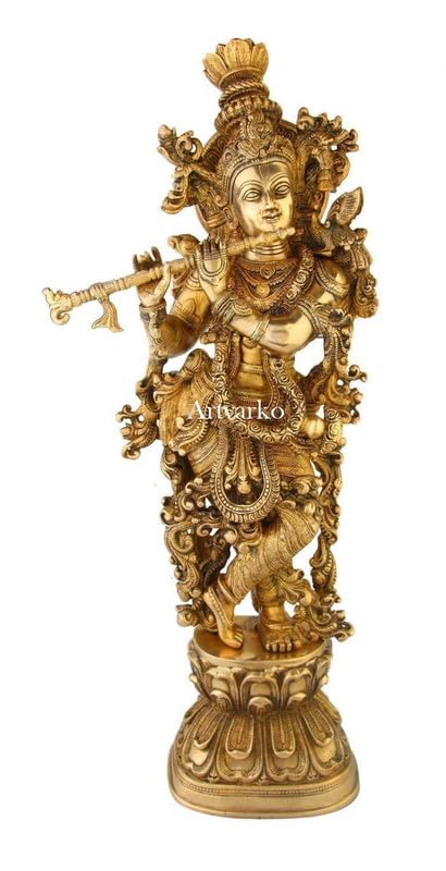 Brass Krishna Idol in Gold Color Height 29 Inch - SvarupArt