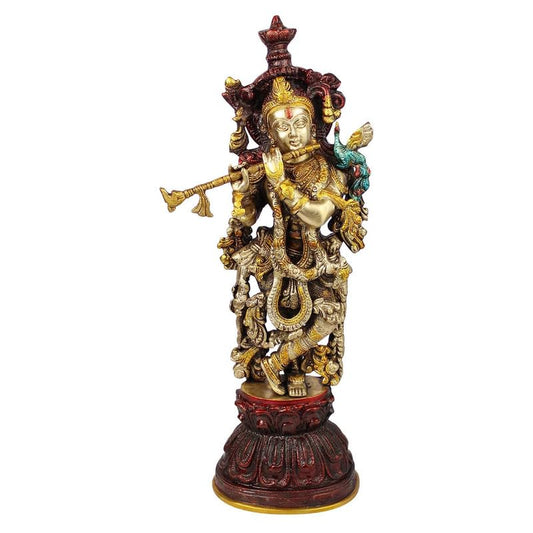 Brass Krishna Murti in Antique Gold Color Height 21 Inch - SvarupArt