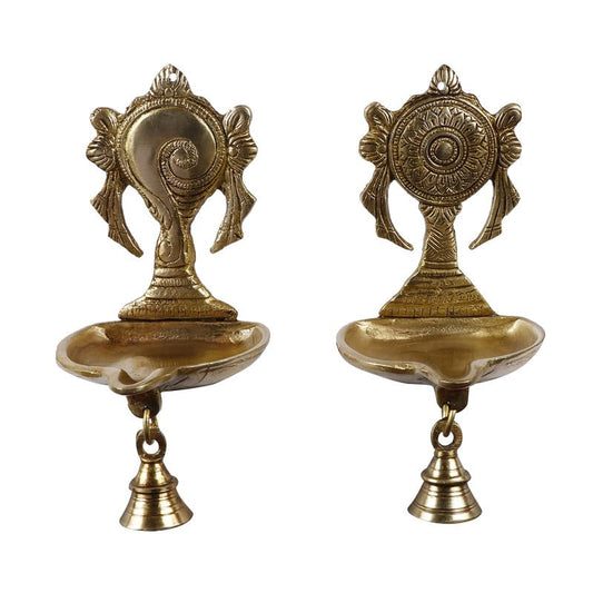 Set of 2 Gold Color Brass Shankha-Chakra Diyas: Perfect for Puja, Aarti, Camphor Burning, and Table Stand. Each is 7 Inch - SvarupArt
