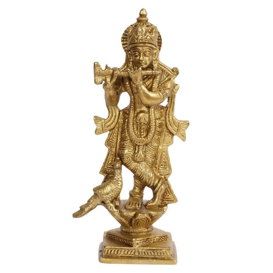 SVARUP Brass Krishna Idol Playing Flute in Gold Color for Small Mandir Height 6 Inch - SvarupArt