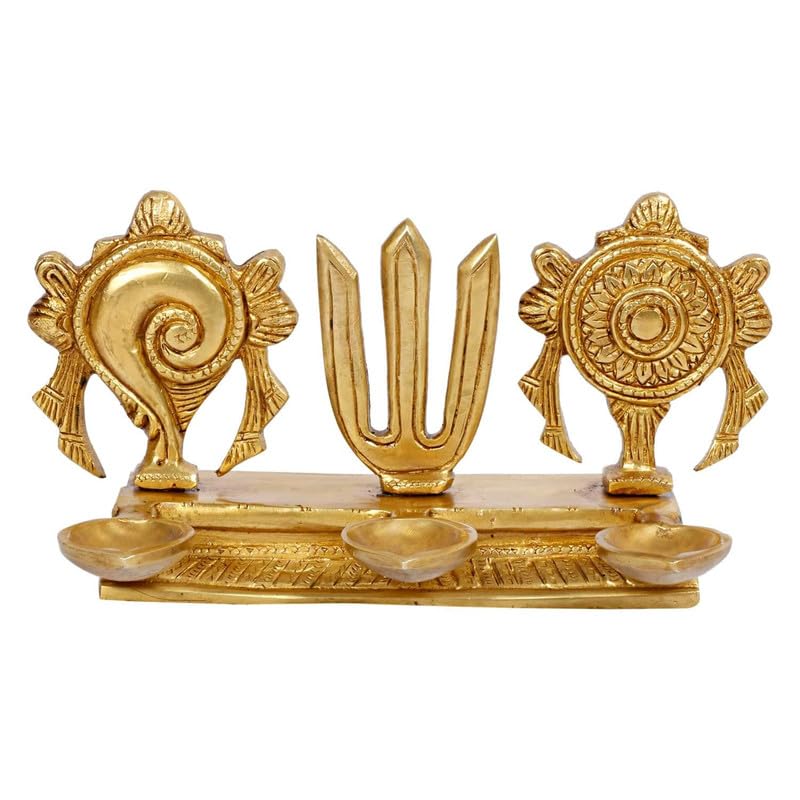 4.25 Inch Brass Shankh Chakra Namah Diya: Gold Color - SvarupArt