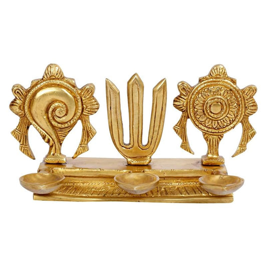 4.25 Inch Brass Shankh Chakra Namah Diya: Gold Color - SvarupArt