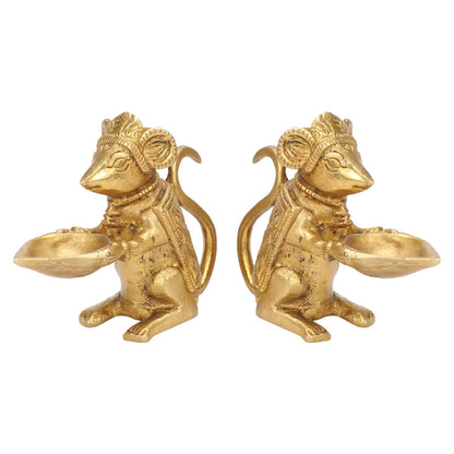 Brass Ganesha Rat Diya Oil Lamp Pair: Home Decor, Vastu Gift, Diwali Puja - SvarupArt