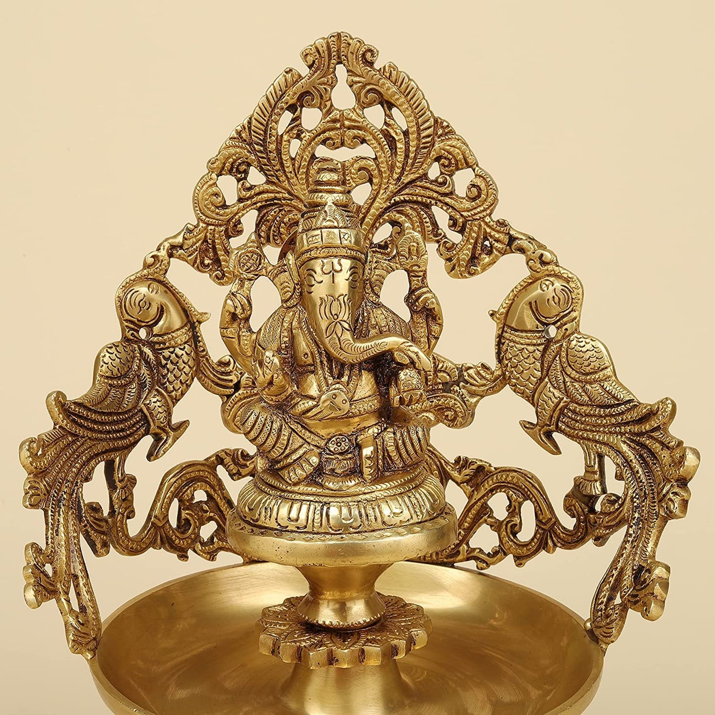 13.5 Inch Gold Color Brass Laxmi Ganesh Oil Lamp Diya Deepam: Ideal for Temple Aarti, Deepak Pooja, and Jyot Lighting - SvarupArt