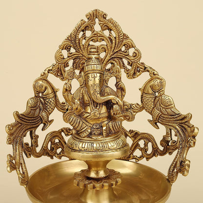13.5 Inch Gold Color Brass Laxmi Ganesh Oil Lamp Diya Deepam: Ideal for Temple Aarti, Deepak Pooja, and Jyot Lighting - SvarupArt