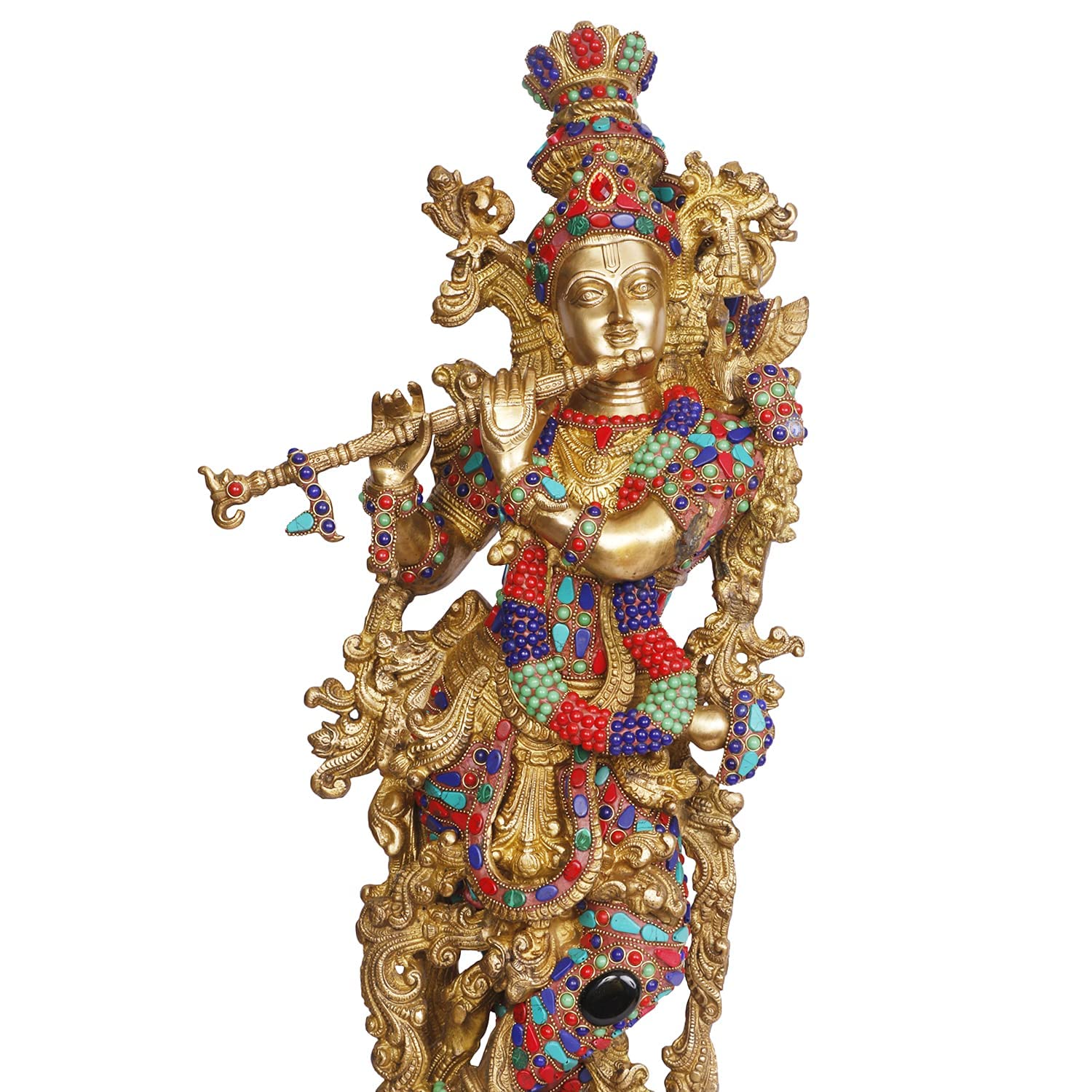 Brass Krishna Bhagwan Murti playing Flute in Multicolor Height 29 Inch - SvarupArt