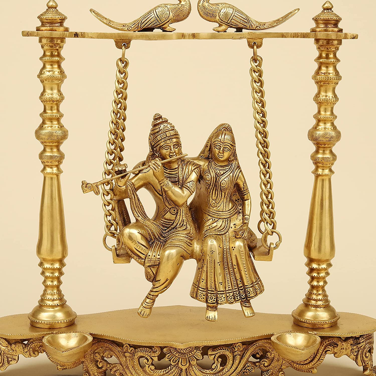 Brass Radha Krishna Jhula in Gold Color Height 16 Inch - SvarupArt