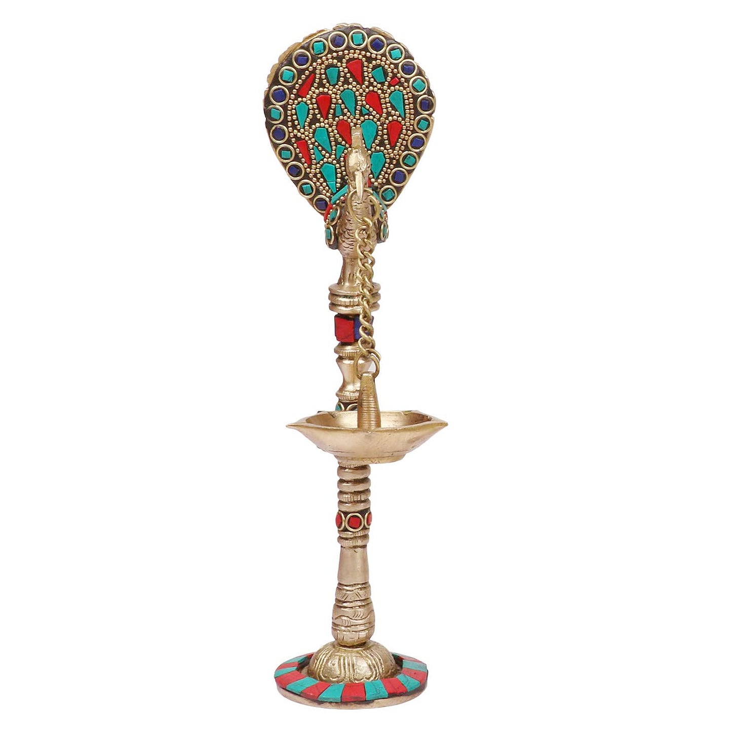 Brass Diya Hanging from Peacock Beak with Multicolored Stone Work: A beautifully decorated and colorful diya