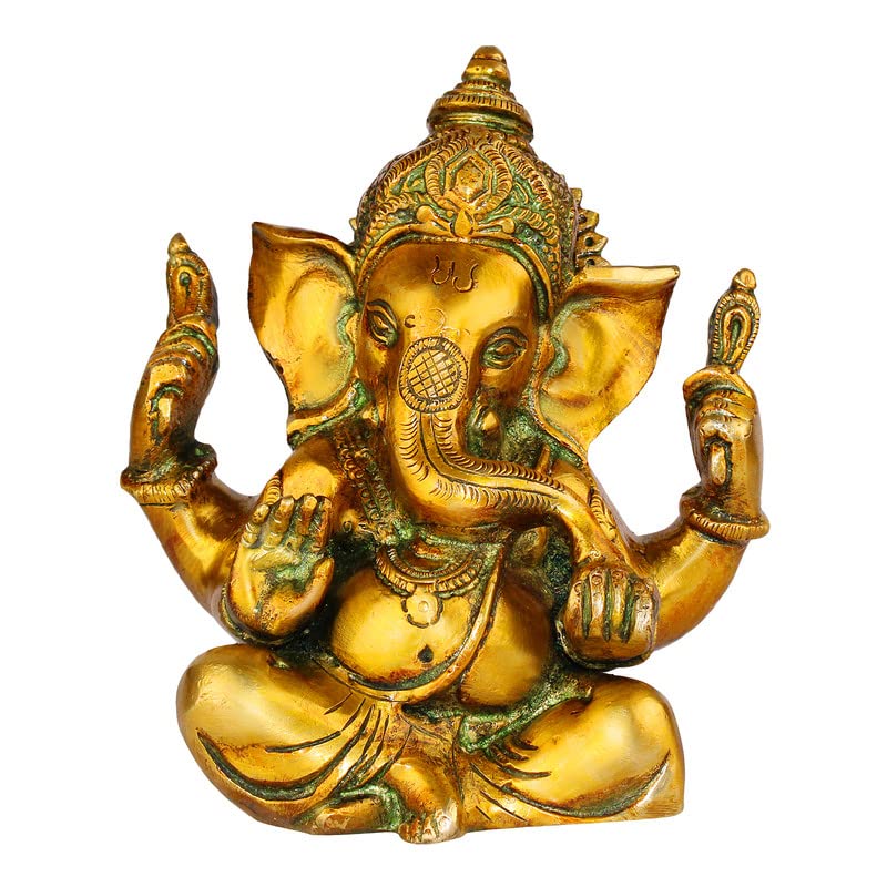 Brass Sitting Ganesha Idol In Multicolor Height 7 Inch Weight 1.5 Kg - SvarupArt
