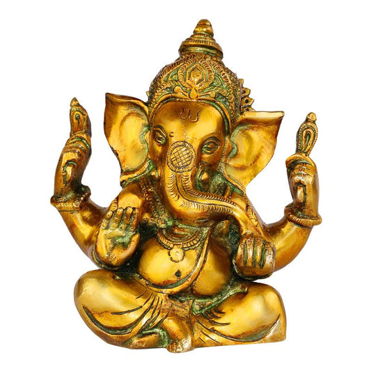 Brass Sitting Ganesha Idol In Multicolor Height 7 Inch Weight 1.5 Kg - SvarupArt