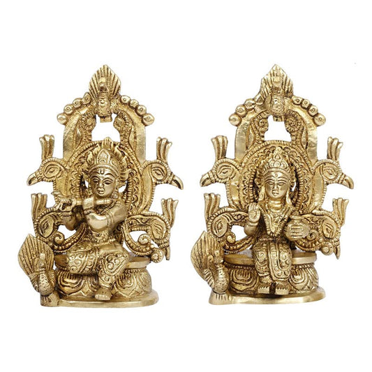 Brass Radha Krishna Murti on Singhasan in Gold Color Height 6 Inch - SvarupArt