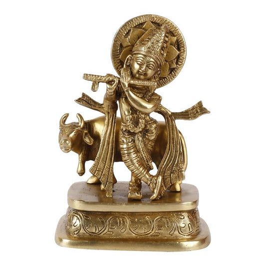 Brass Krishna Bhagwan Idol with Gau Mata in Gold Color Height 6.5 Inch - SvarupArt