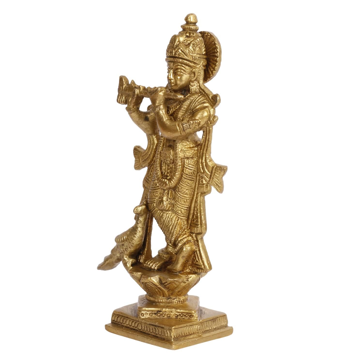 SVARUP Brass Krishna Idol Playing Flute in Gold Color for Small Mandir Height 6 Inch - SvarupArt
