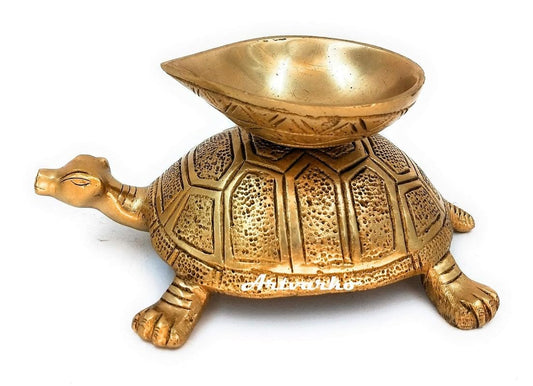 Brass Oil Lamp Diya on Tortoise: Ideal for Temple and Home Decor, Can be used as a Camphor/Kapur Burner in Gold Color - SvarupArt