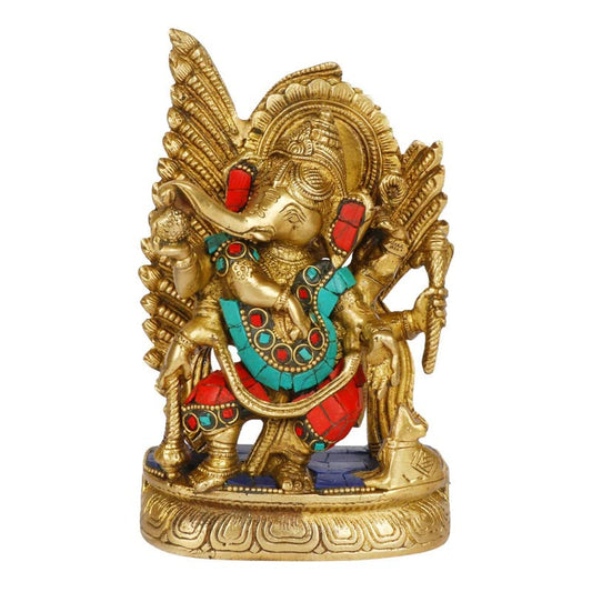 Brass Sitting Ganesha Idol In Multicolor Height 7.5 Inch Weight 1.7 Kg - SvarupArt