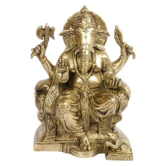 Brass Sitting Ganesha Idol In Multicolor Height 7 Inch Weight 1.65 Kg - SvarupArt