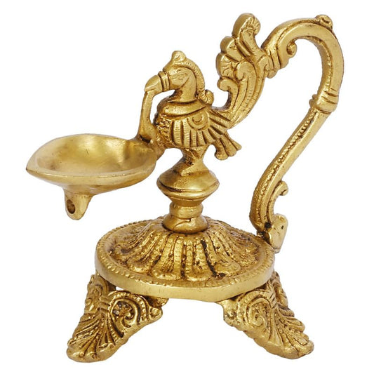 5 Inch Gold Color Brass Peacock Decorative Diya with Stand: Ideal for Home Decoration in the Pooja Room or Mandir - SvarupArt
