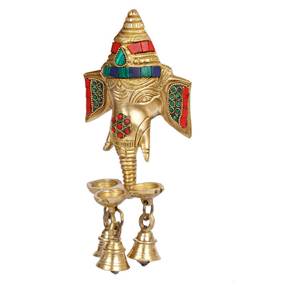 Brass Ganesha Wall Hanging with Bells and Diya Lamp Religious Diwali Puja Item Pooja Room, Office, Home Decor - SvarupArt