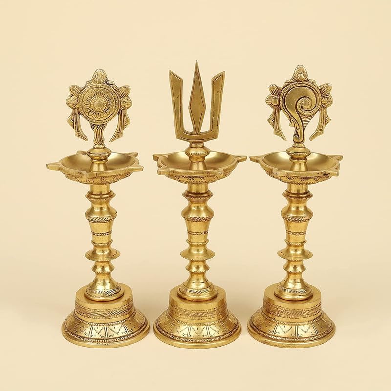11 Inch Gold Color Brass Shankh Chakra Namah Diya Showpiece: Ideal for Home Decor - SvarupArt