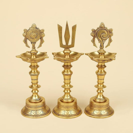 11 Inch Gold Color Brass Shankh Chakra Namah Diya Showpiece: Ideal for Home Decor - SvarupArt