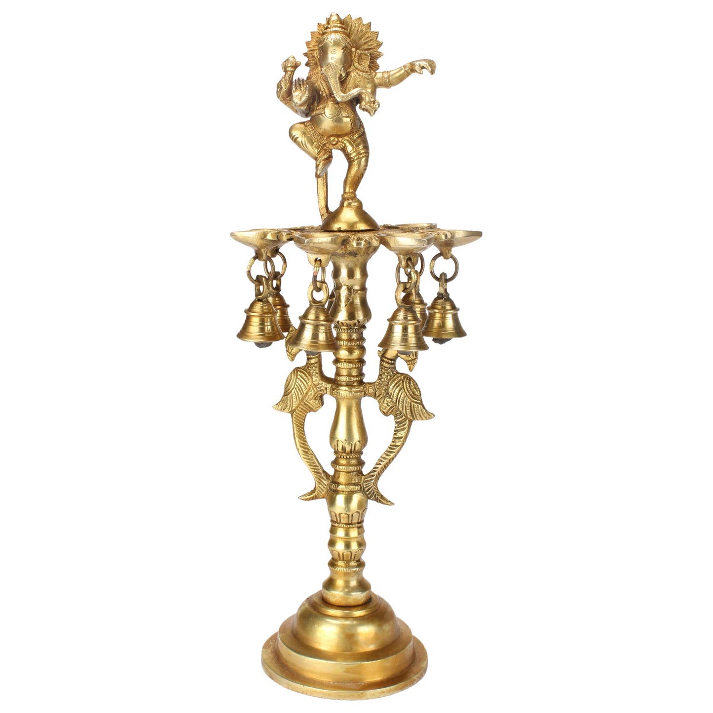 Brass Ganesha Diya Ganesh with Bells For Puja Room, Dancing Oil Lamp & Home Decor 16 Inch Height - SvarupArt