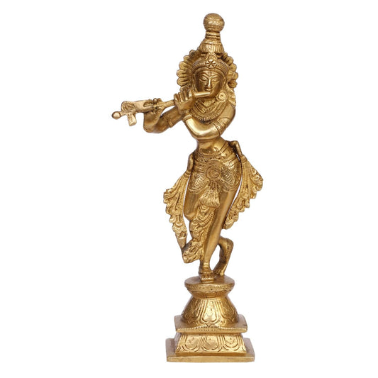 Brass Krishan Bhagwan Makhan Chor Laddoo Gopal Thakurji Murti in Gold Color Height 10 Inch - SvarupArt