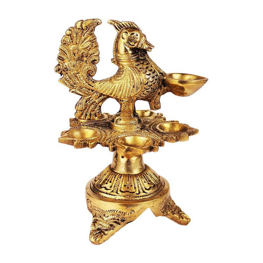 6 Inch Small Gold Color Brass Peacock Design Oil Diya with Base: Ideal for Home Temple Aarti and Decor - SvarupArt