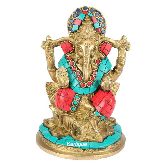 Brass Sitting Ganesha Idol In Multicolor Height 7 Inch Weight 2 Kg - SvarupArt