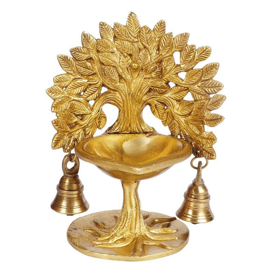 7 Inch Gold Color Brass Diya with Kalpavriksha Tree and Bells: Perfect for Tabletop Home Decor, Diwali Pooja, Decoration - SvarupArt