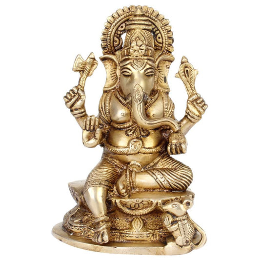Brass Blessing Ganesha Idol In Gold Color Height 5.5 Inch Weight 1.4 Kg - SvarupArt