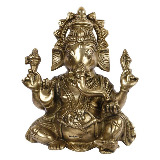Brass Sitting Ganesha Idol In Gold Color Height 7.5 Inch Weight 1.6 Kg - SvarupArt