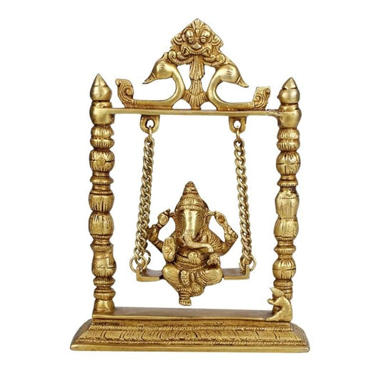 Brass Jhula Ganesha Idol In Gold Color Height 3 Inch Weight 0.85 Kg - SvarupArt