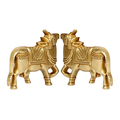 Brass Cow Wall Hanging Vastu Gau MATA Idol, Kamdhenu Cow Pair Nandi (Gold Color 5x4 Inch) - SvarupArt