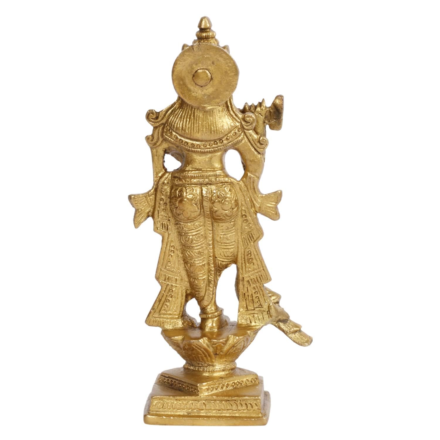 SVARUP Brass Krishna Idol Playing Flute in Gold Color for Small Mandir Height 6 Inch - SvarupArt