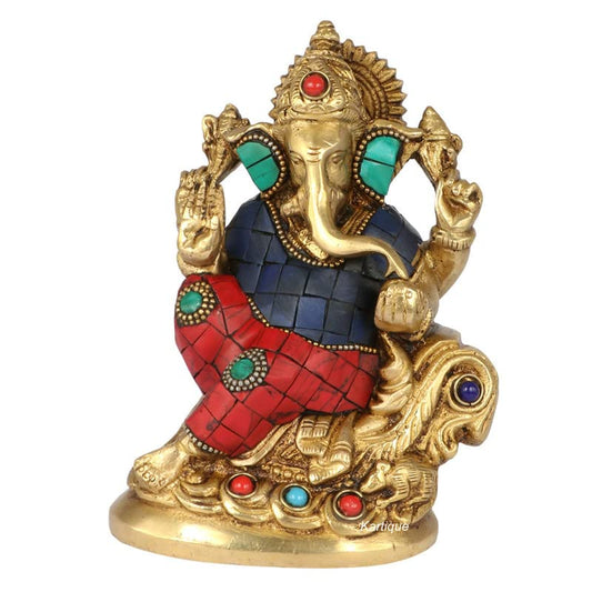 Brass Sitting Ganesha Idol In Multicolor Height 5 Inch Weight 1.05 Kg - SvarupArt