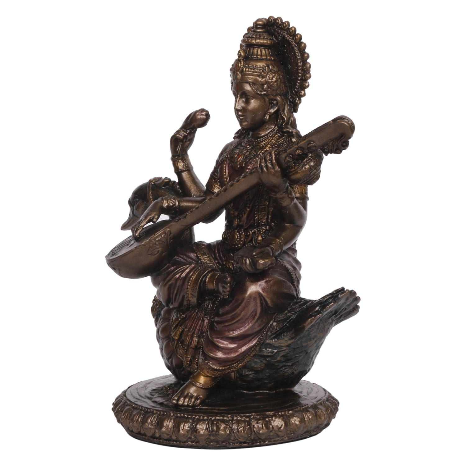 Bronze Colored Resin Saraswati Statue With A Height Of 8 Inches. - SvarupArt