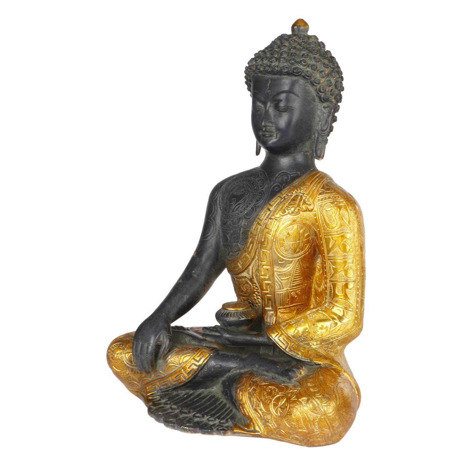 Brass Buddha Idol in Bhumisparsha Mudra Statue Tibetan Buddhist Décor Height 12 Inch Weight 6 Kg Color Golden Black - SvarupArt