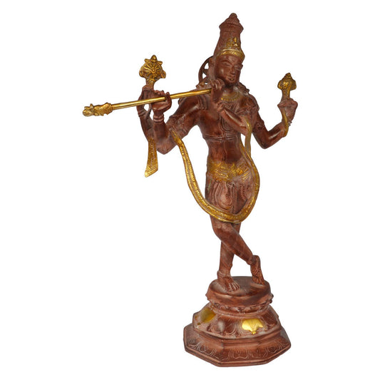 Brass Krishna Bhagwan Idol Murli Kishan Murti Playing Bansuri Gift for Home Mandir Decor Marriage Height 18 Inch - SvarupArt