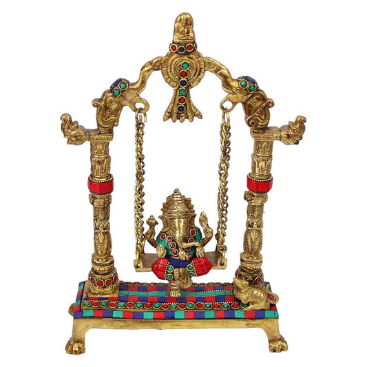 Brass Jhula Ganesha Idol In Multicolor Height 10 Inch Weight 3.2 Kg - SvarupArt